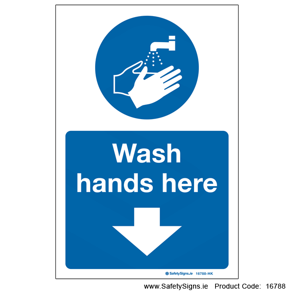 Wash Hands Here - Arrow Down - 16788 — SafetySigns.ie