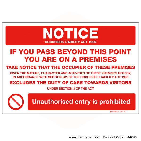 Occupiers Liability Act - 44045 — SafetySigns.ie